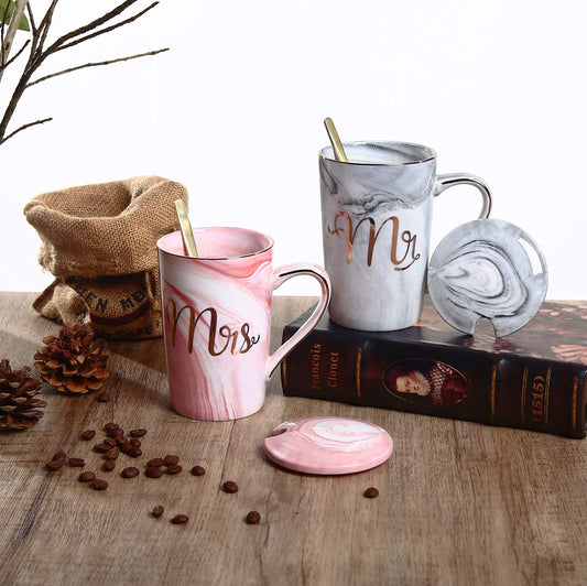 Mr. & Mrs. Ceramic Marble Finish Coffee Mug with Lid & Spoon (380 ml)