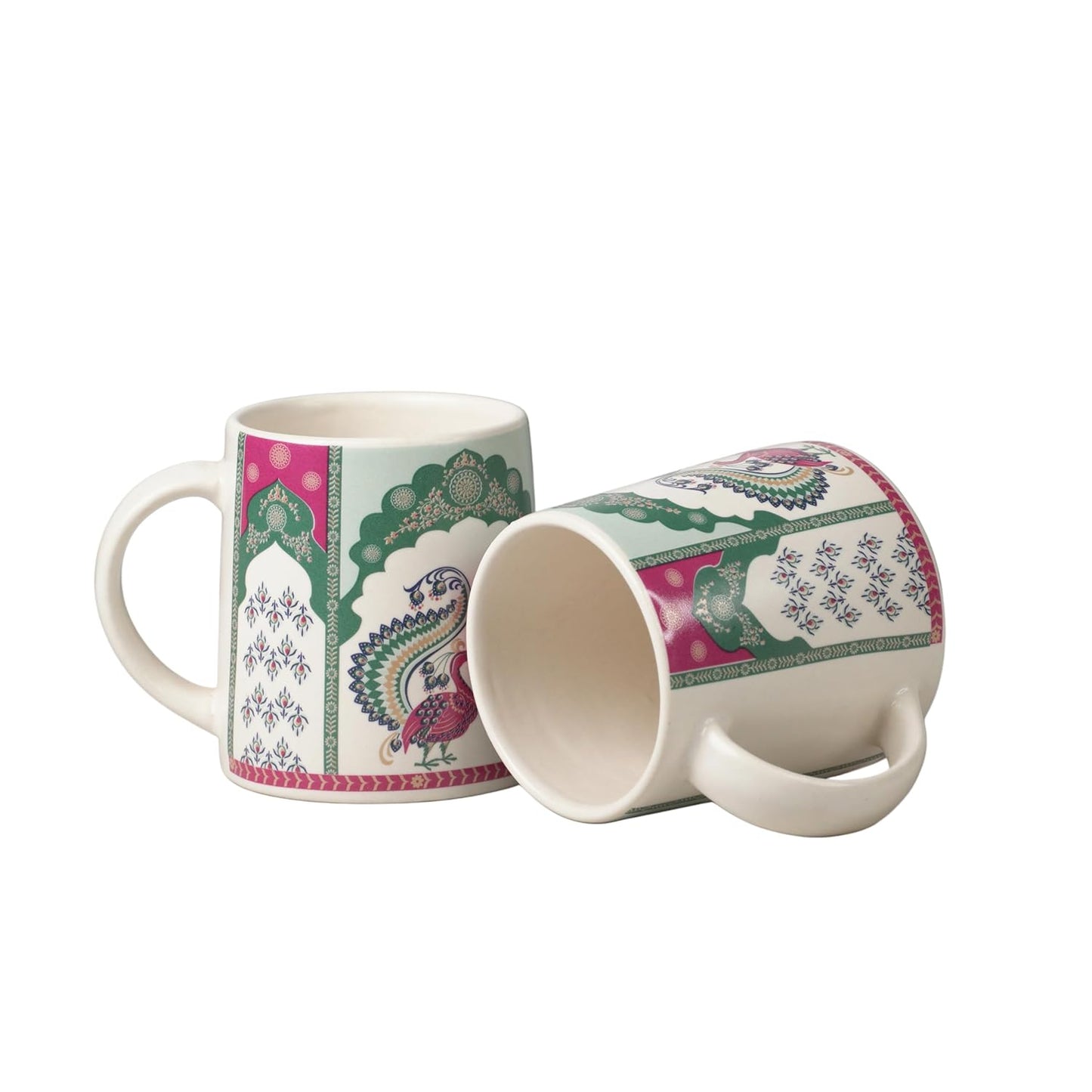 Peacock Elegance Ceramic Tea/Coffee Mugs – Set of 2