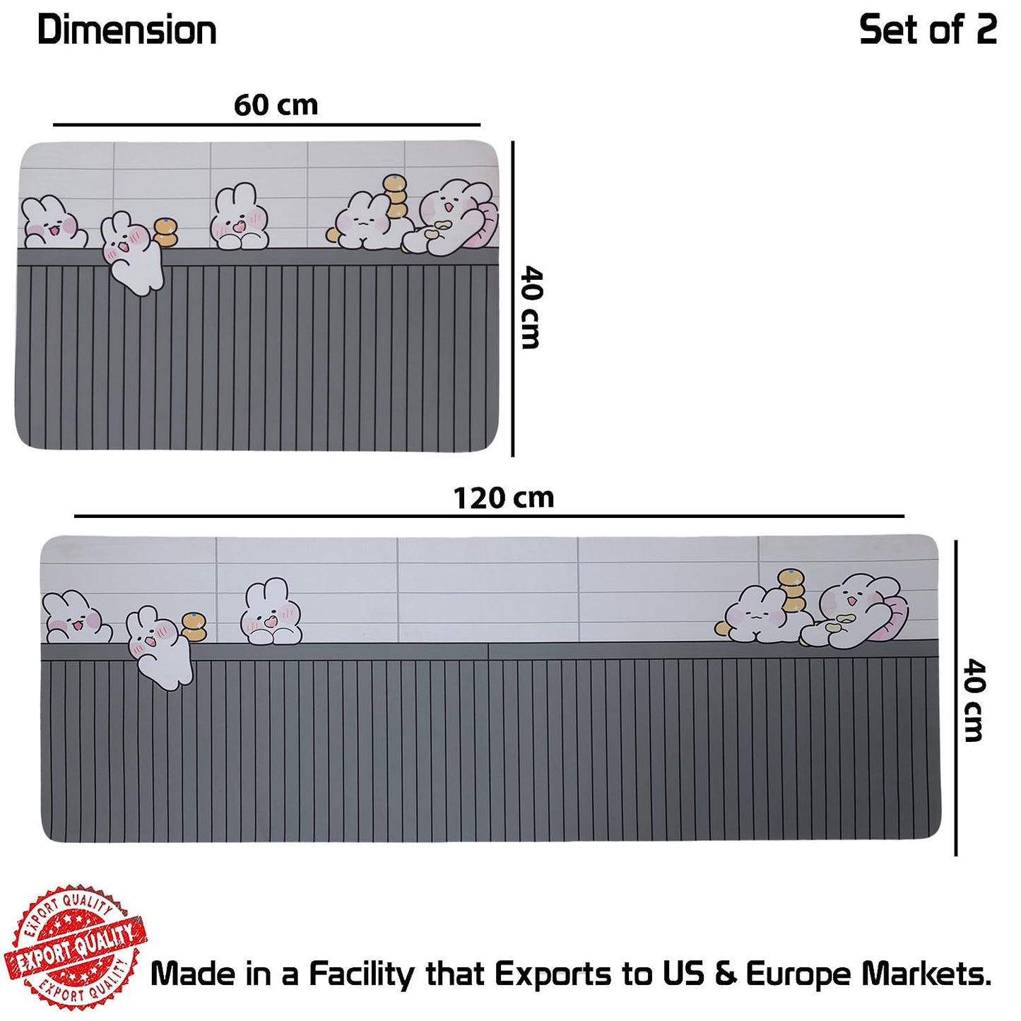 Stylish Anti-Slip Rubber Kitchen Mat – Pack of 2 (Bunnies Grey)