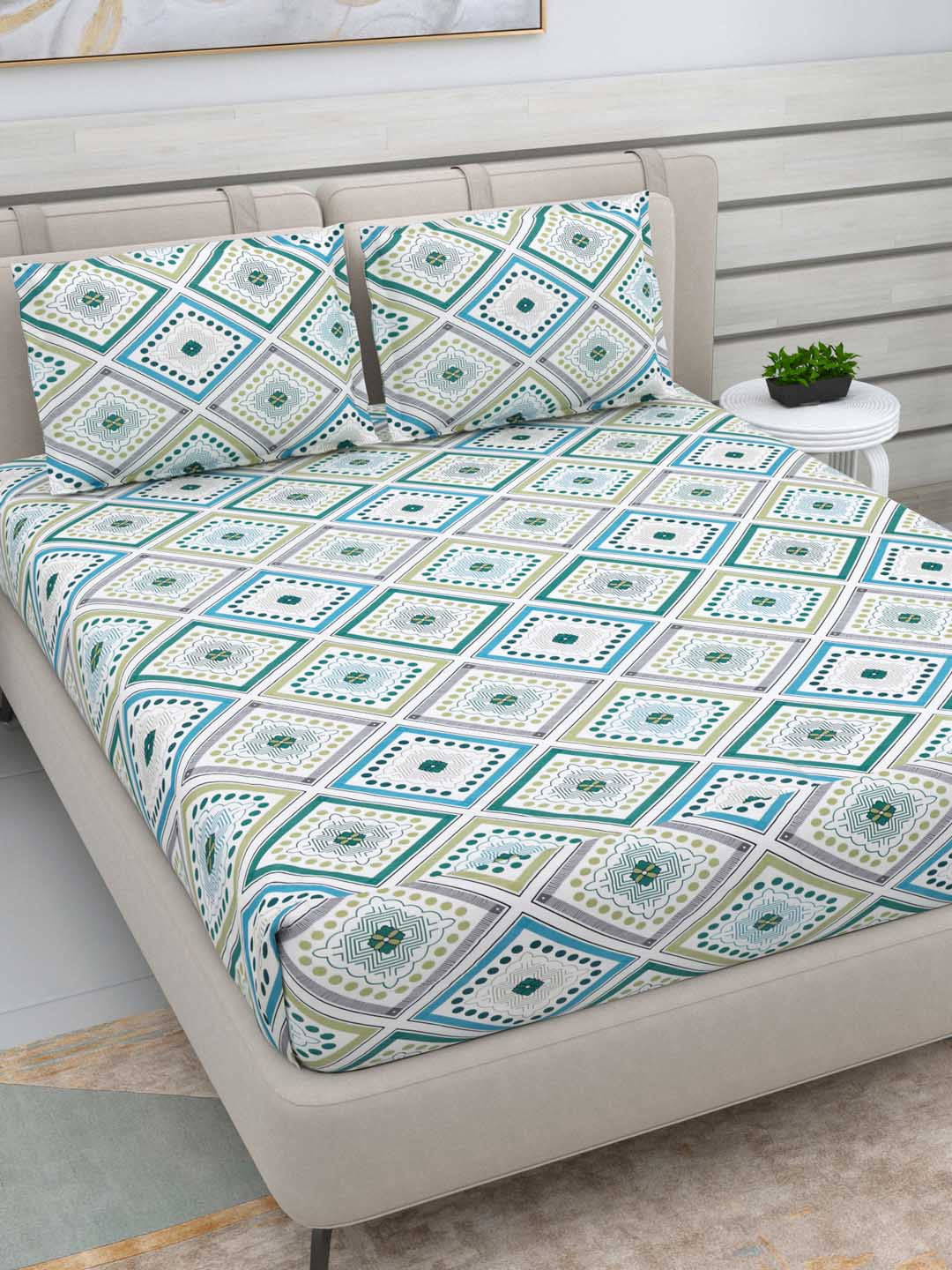 Rangloom Fabrics Double Glazed Green Ethnic Motifs Cotton 220 TC Queen Fine Bedsheet with 2 Pillow Covers
