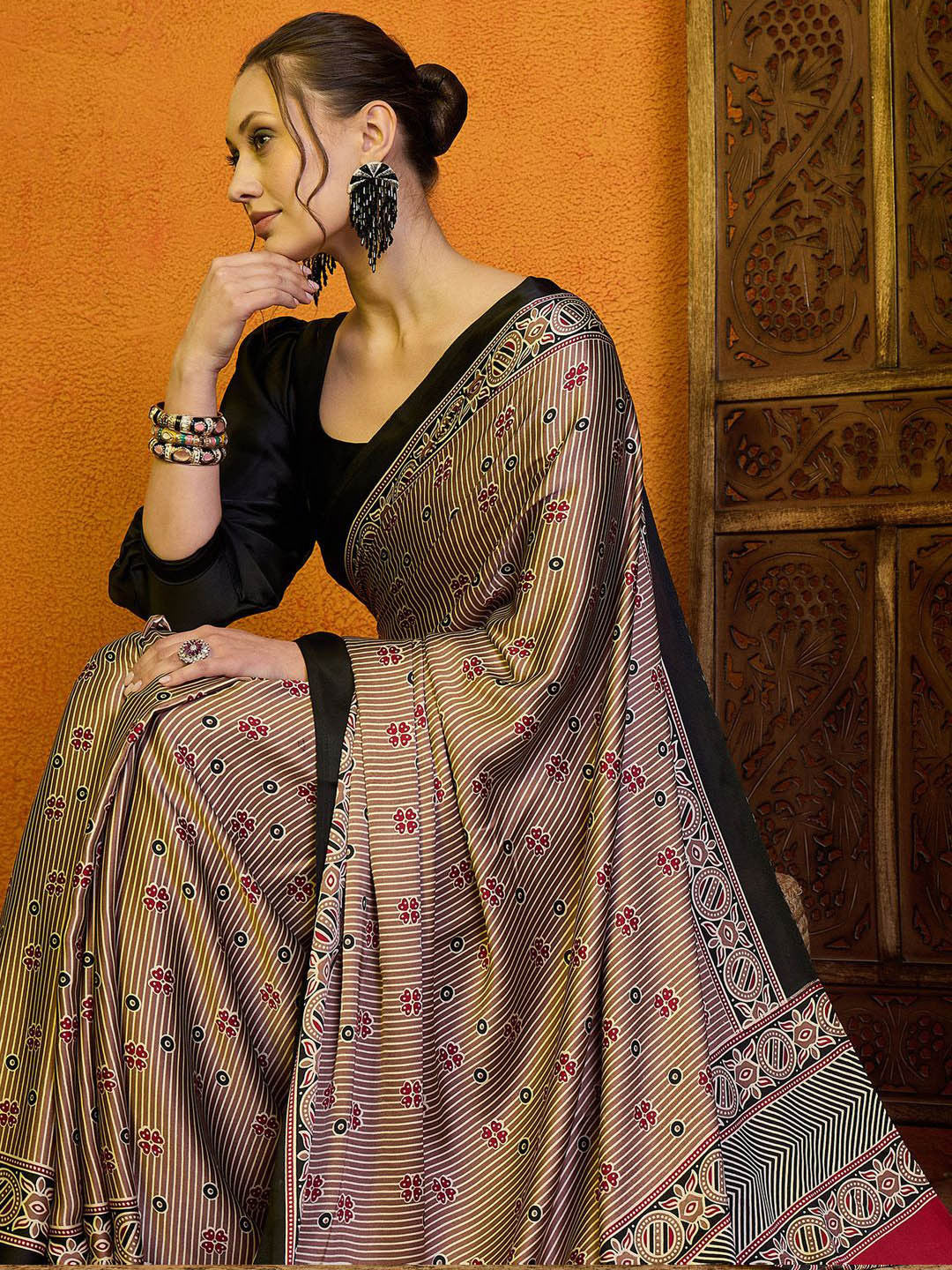 Rani Raiment Striped Satin Block Print Saree