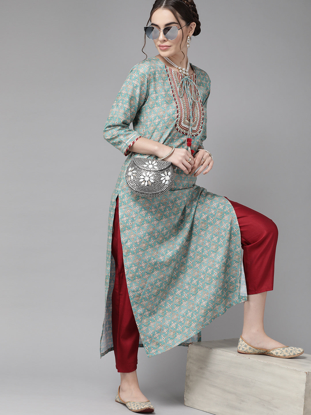 Rani Raiment Varanga Teal Blue Ethnic Motif Yoke Embroidered Print Kurta