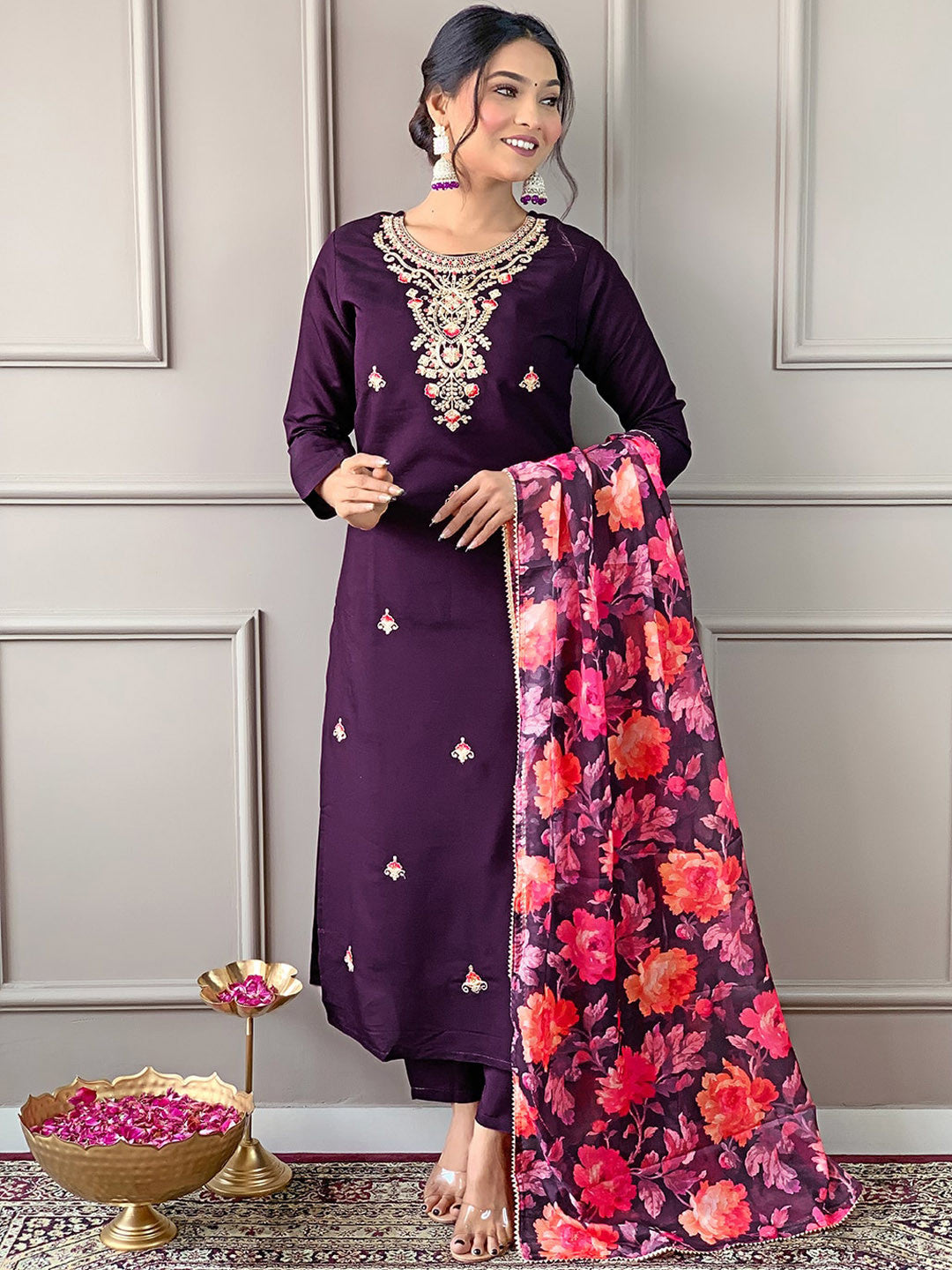 Rani Raiment Turquoise Blue Floral Embroidered Regular Thread Work With Trousers & Dupatta