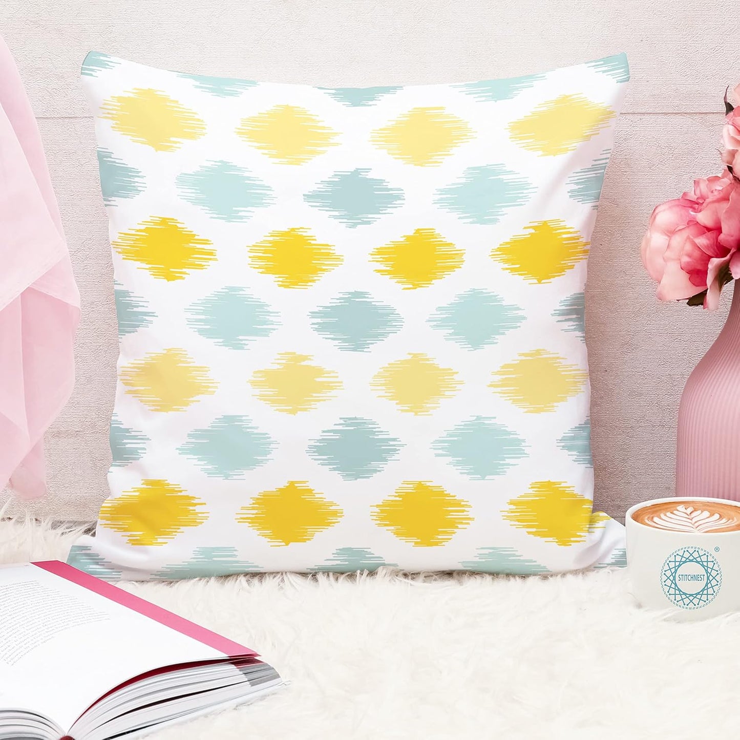 Ikat Geometric Printed Cushion Covers – Set of 5, Blue & White, 16x16 Inches