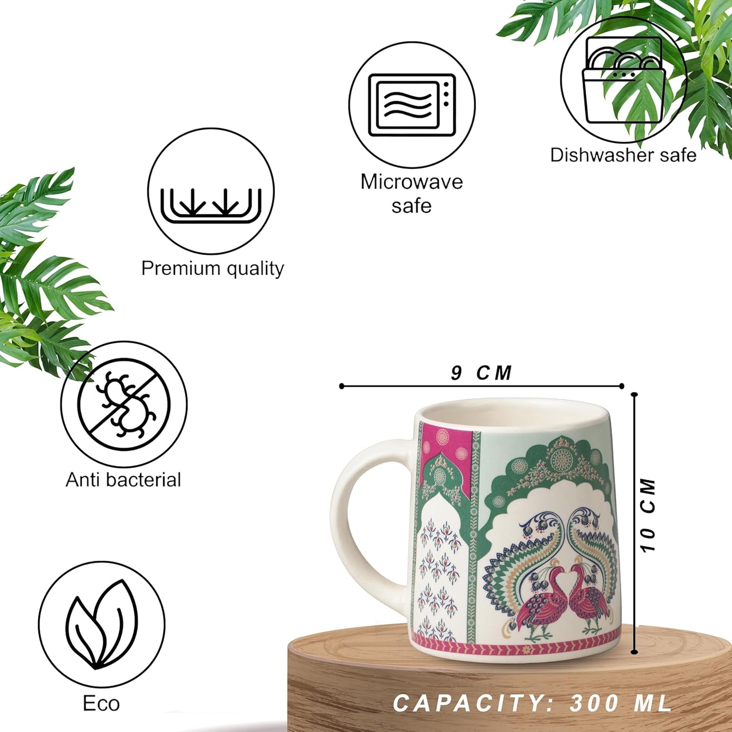 Peacock Elegance Ceramic Tea/Coffee Mugs – Set of 2