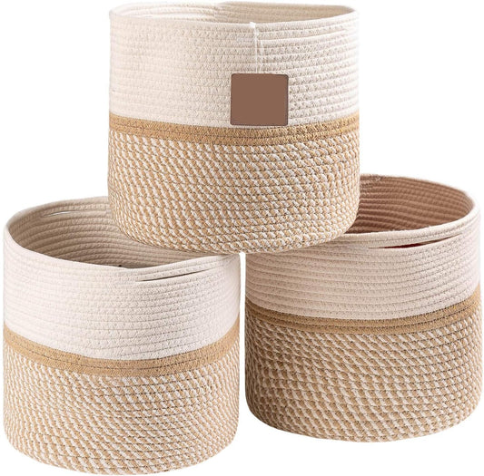 Cotton Storage Gift Basket, Organizer Box  Pack of 3(10*10, 8*8, 6*6) inches Brown & White