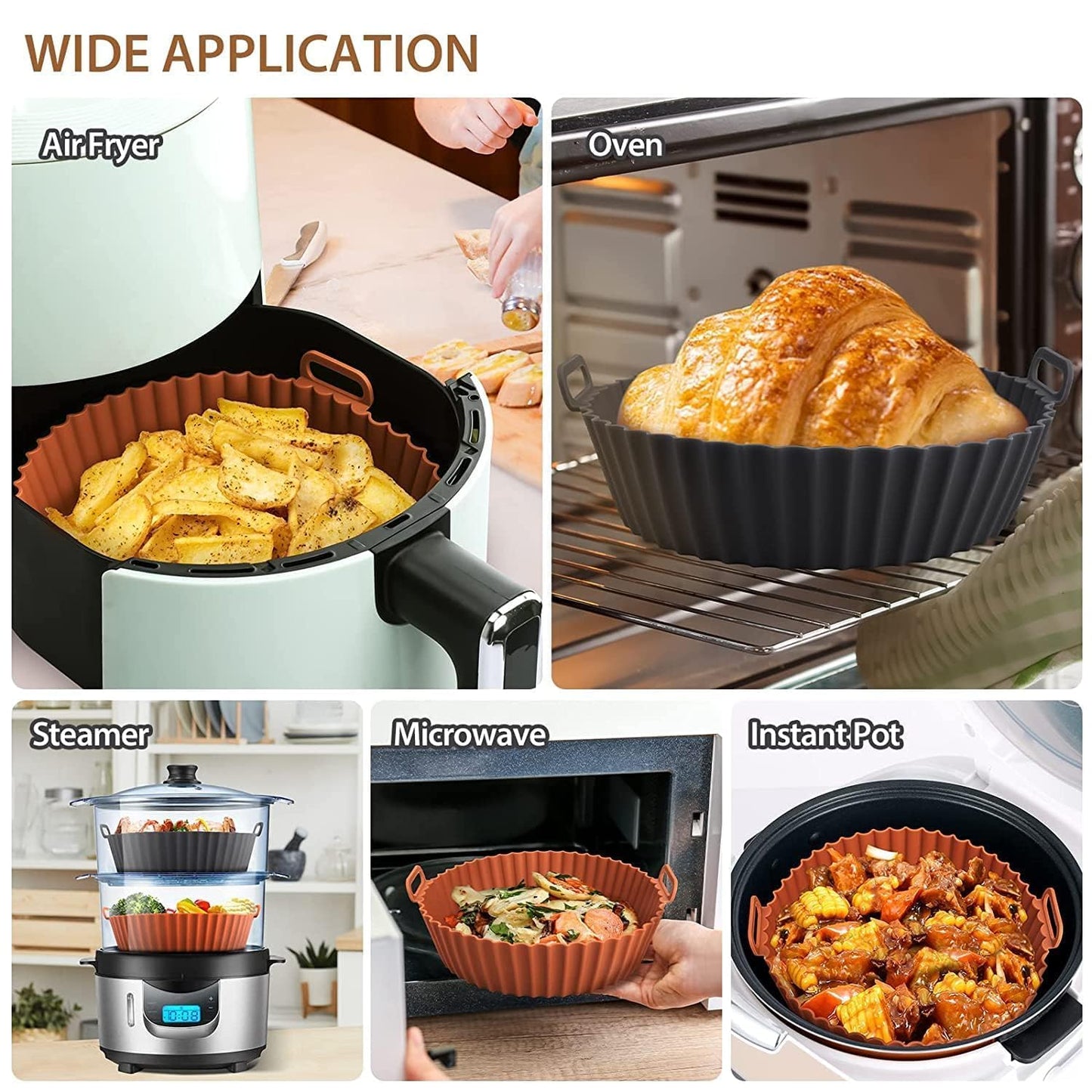6Pcs Silicone Air Fryer Basket and Tray with Handles Non-Stick, Heat-Resistant Air Fryer Basket, Oven Accessories Round Baking Tray (Multicolor)