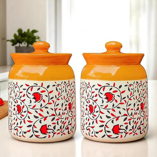Ceramic handmade Pickle Jars in 1000ml | Hand painted Floral Pattern 1 kg Achaar Martban | Ceramic Container Set for Kitchen Storage (Pack of 2)