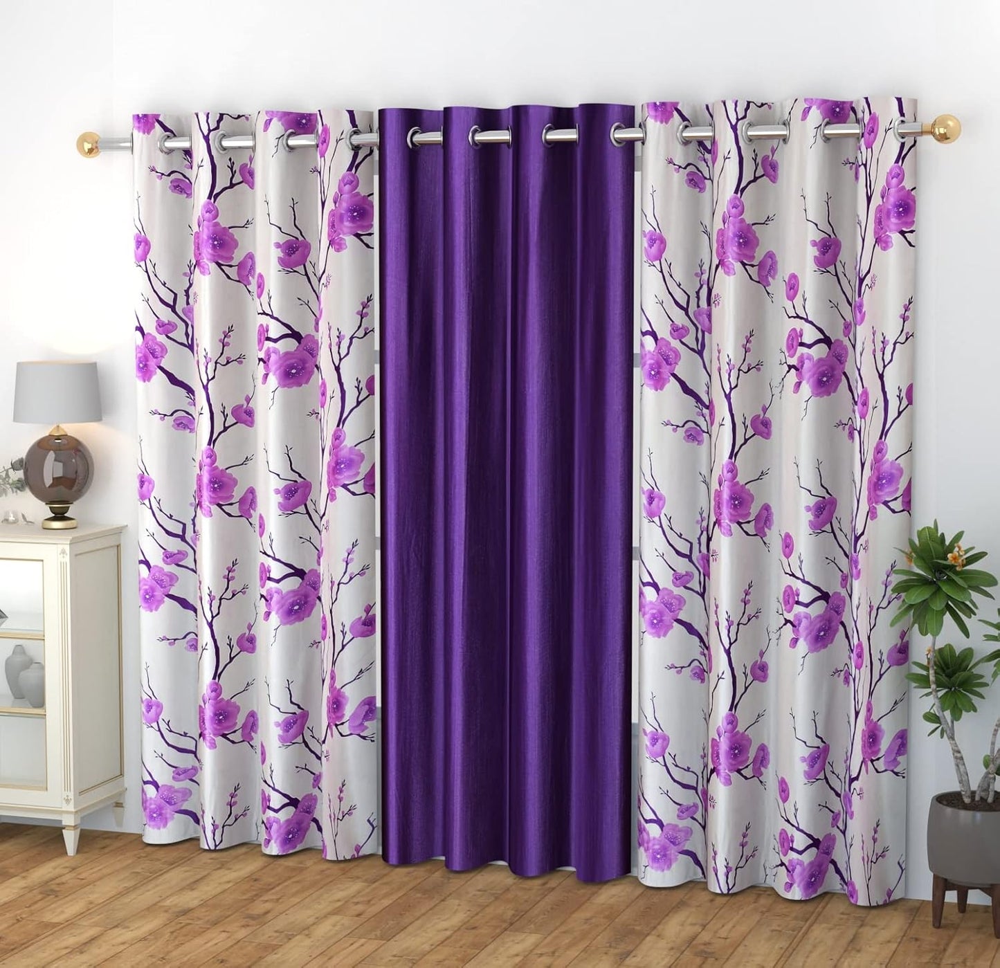 Floral Stylish Polyester Curtains – Set of 3