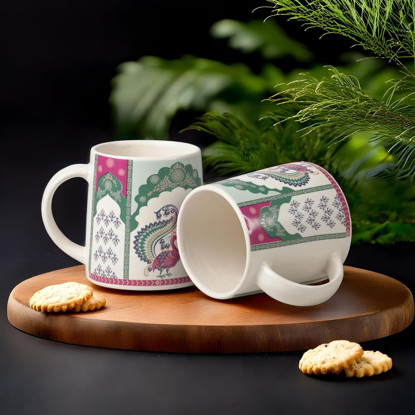 Peacock Elegance Ceramic Tea/Coffee Mugs – Set of 2