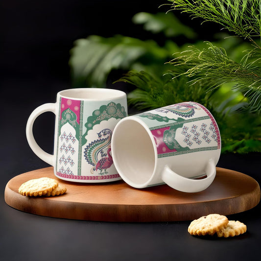 Peacock Elegance Ceramic Tea/Coffee Mugs – Set of 2