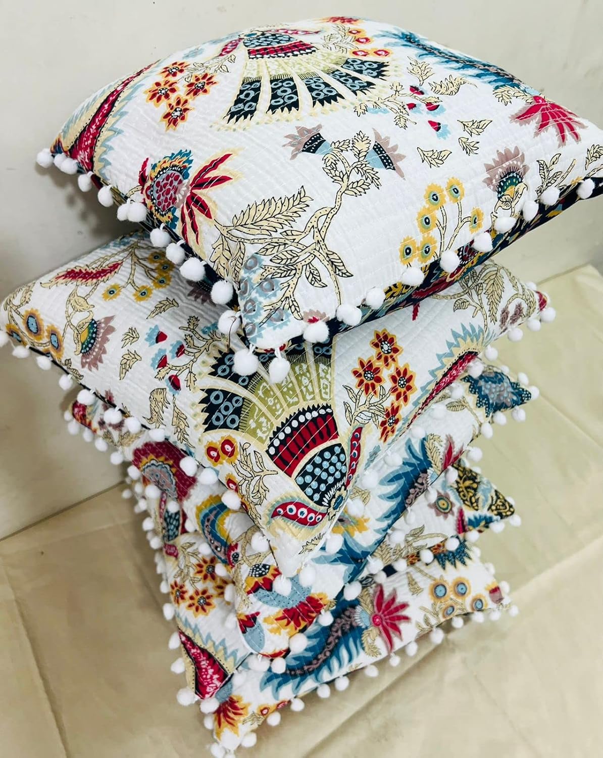 Kantha Work Cotton Cushion Covers – Set of 5, 16x16 Inch