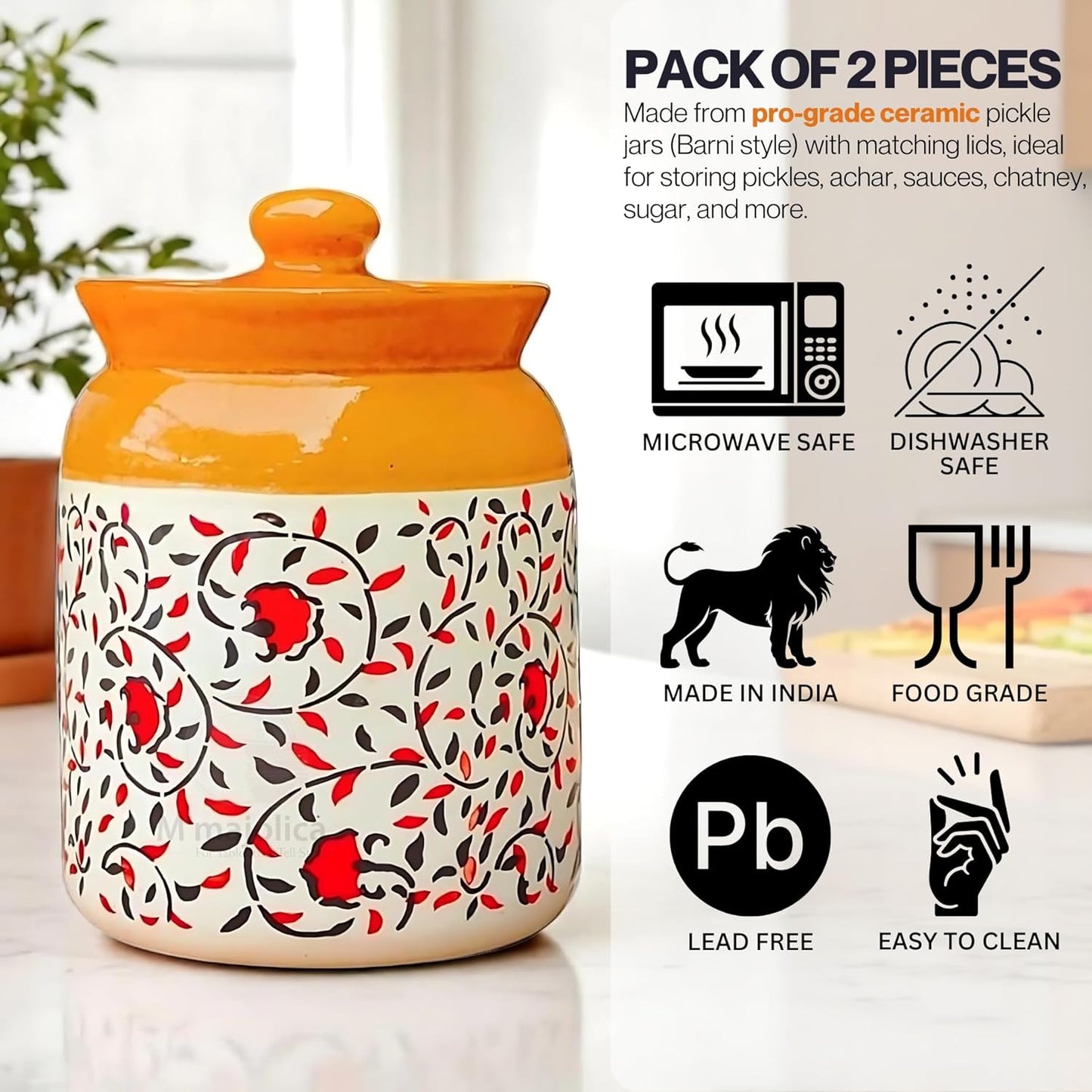 Ceramic handmade Pickle Jars in 1000ml | Hand painted Floral Pattern 1 kg Achaar Martban | Ceramic Container Set for Kitchen Storage (Pack of 2)