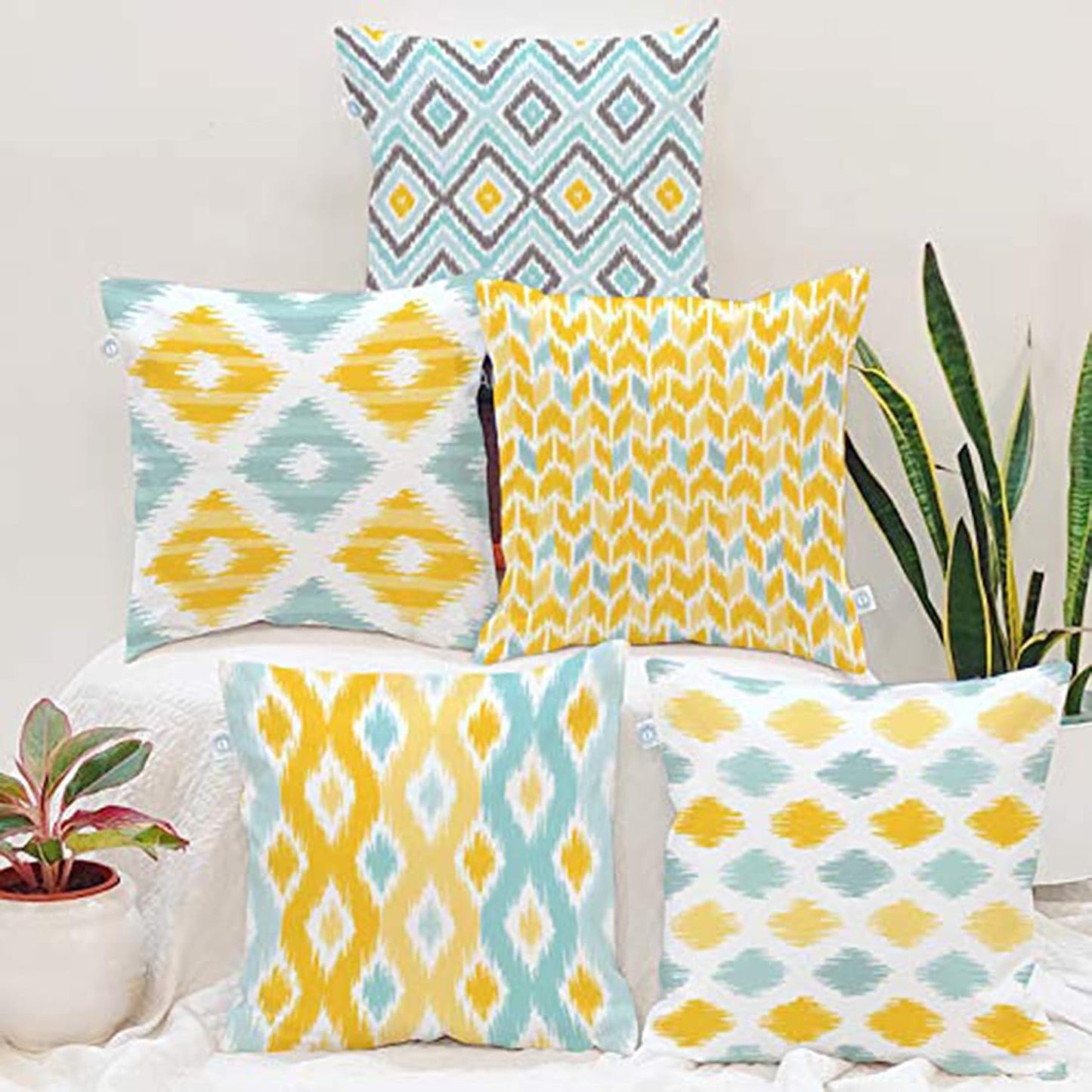 Ikat Geometric Printed Cushion Covers – Set of 5, Blue & White, 16x16 Inches