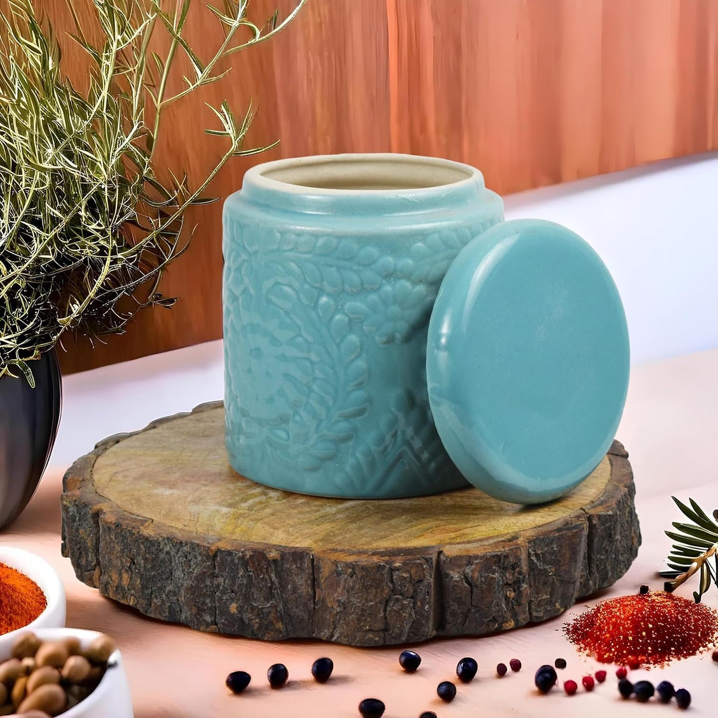 Handcrafted Floral Pattern Premium Clay Ceramic Utility Jars for Kitchen Storage | Set of 2