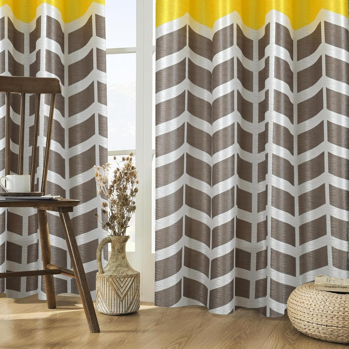 Stylish Yellow Striped Print Semi Blackout Door Curtains Set of 2