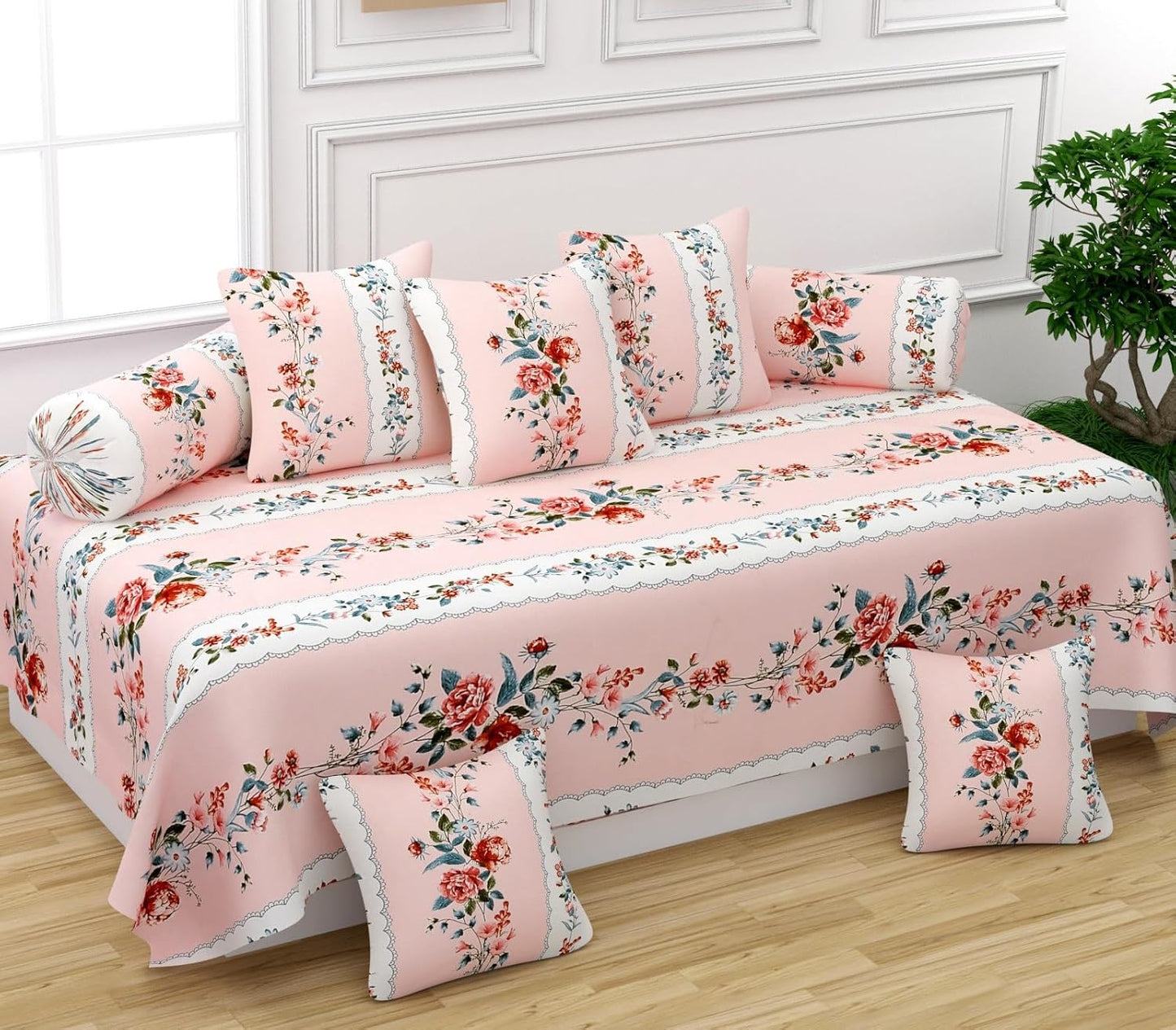 Floral Elegance Fancy Diwan Cover Set – 8 Piece