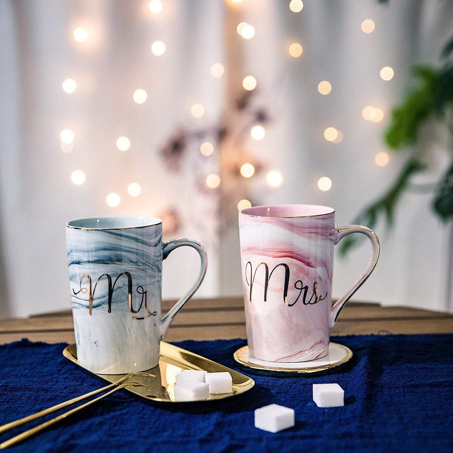 Mr. & Mrs. Ceramic Marble Finish Coffee Mug with Lid & Spoon (380 ml)