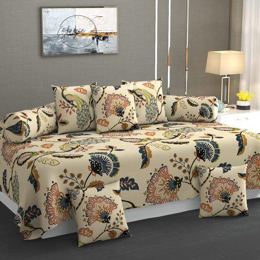 Beige Jaipuri Pure Cotton 8-Piece Designer Diwan Set