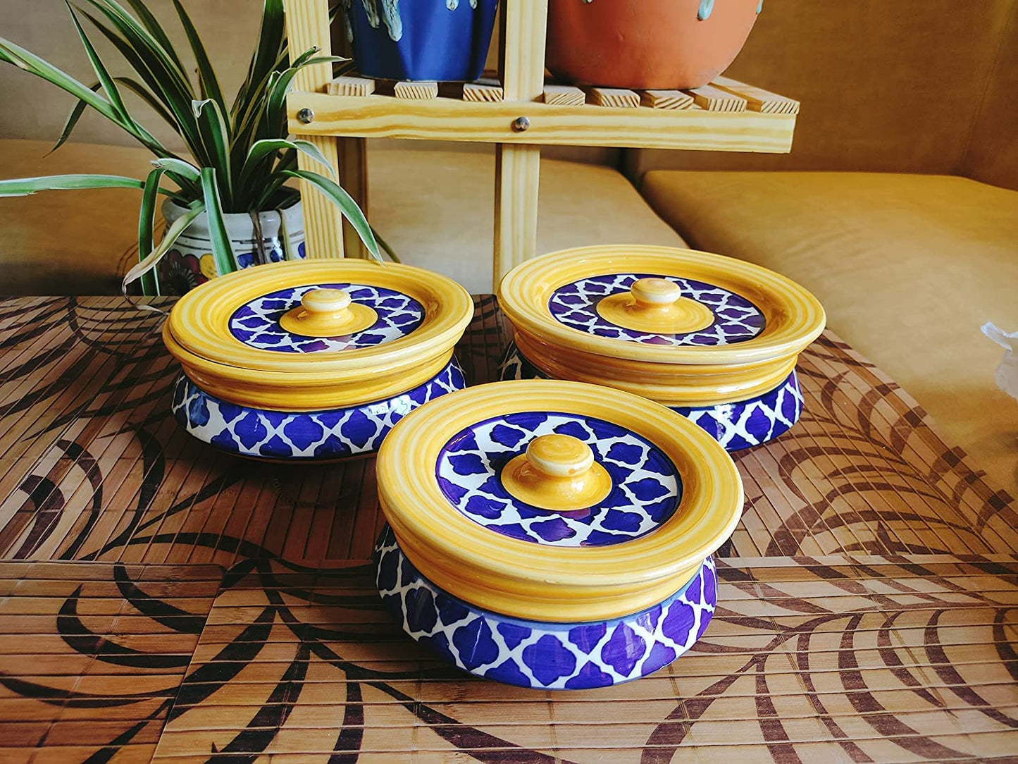 Stoneware Handmade Ceramic Handpainted Multipurpose Storage Ceramic Jars & Containers with Lid (Yellow)
