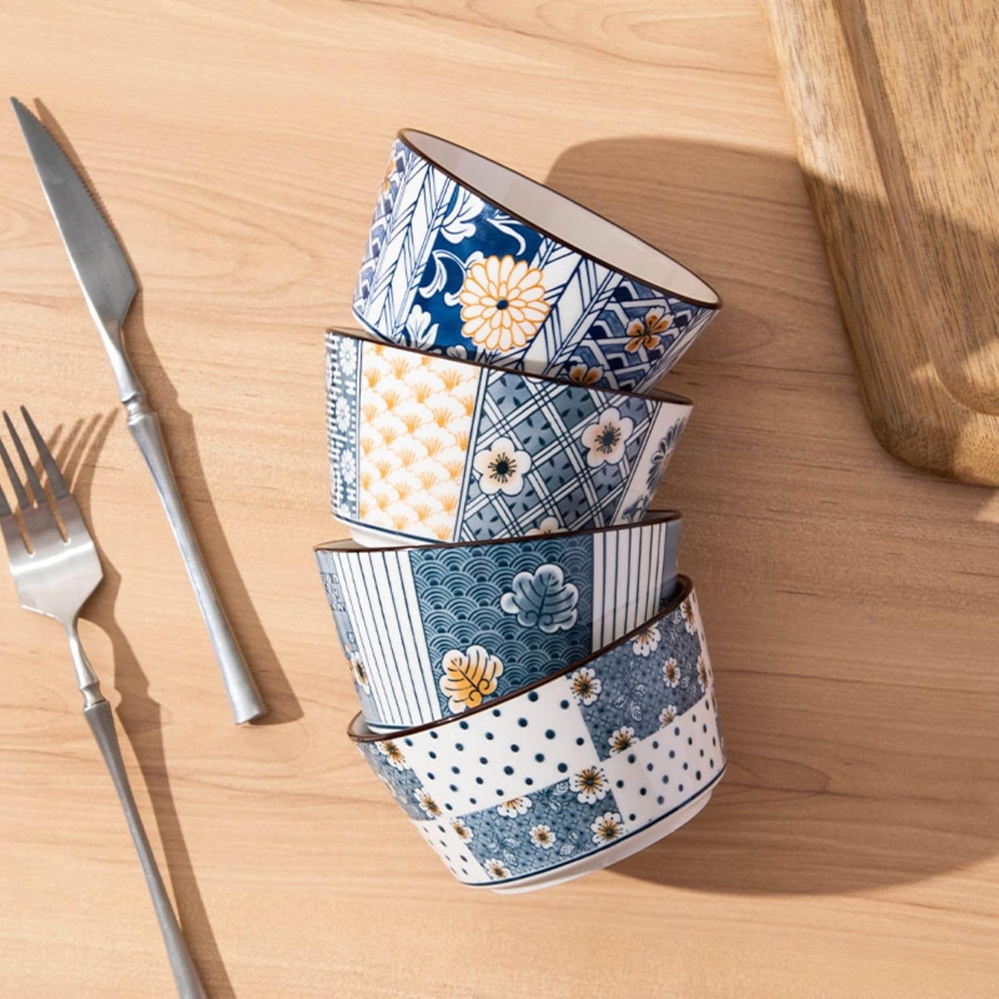 Japanese Style Ceramic Snack Bowls-400ml, Handcrafted Floral & Geometric Patterns (Pack of 4)