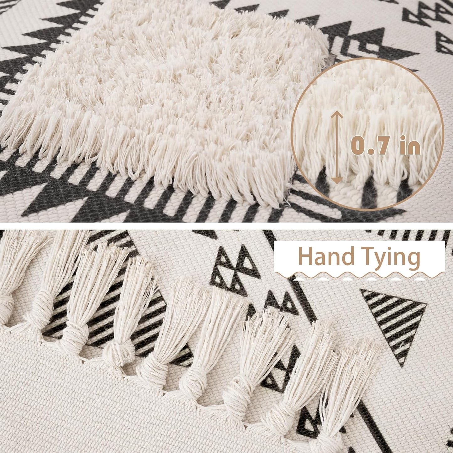 Hand Woven Tufted 100% Natural Cotton Bedside Runner with Tassels (2x5 feet)