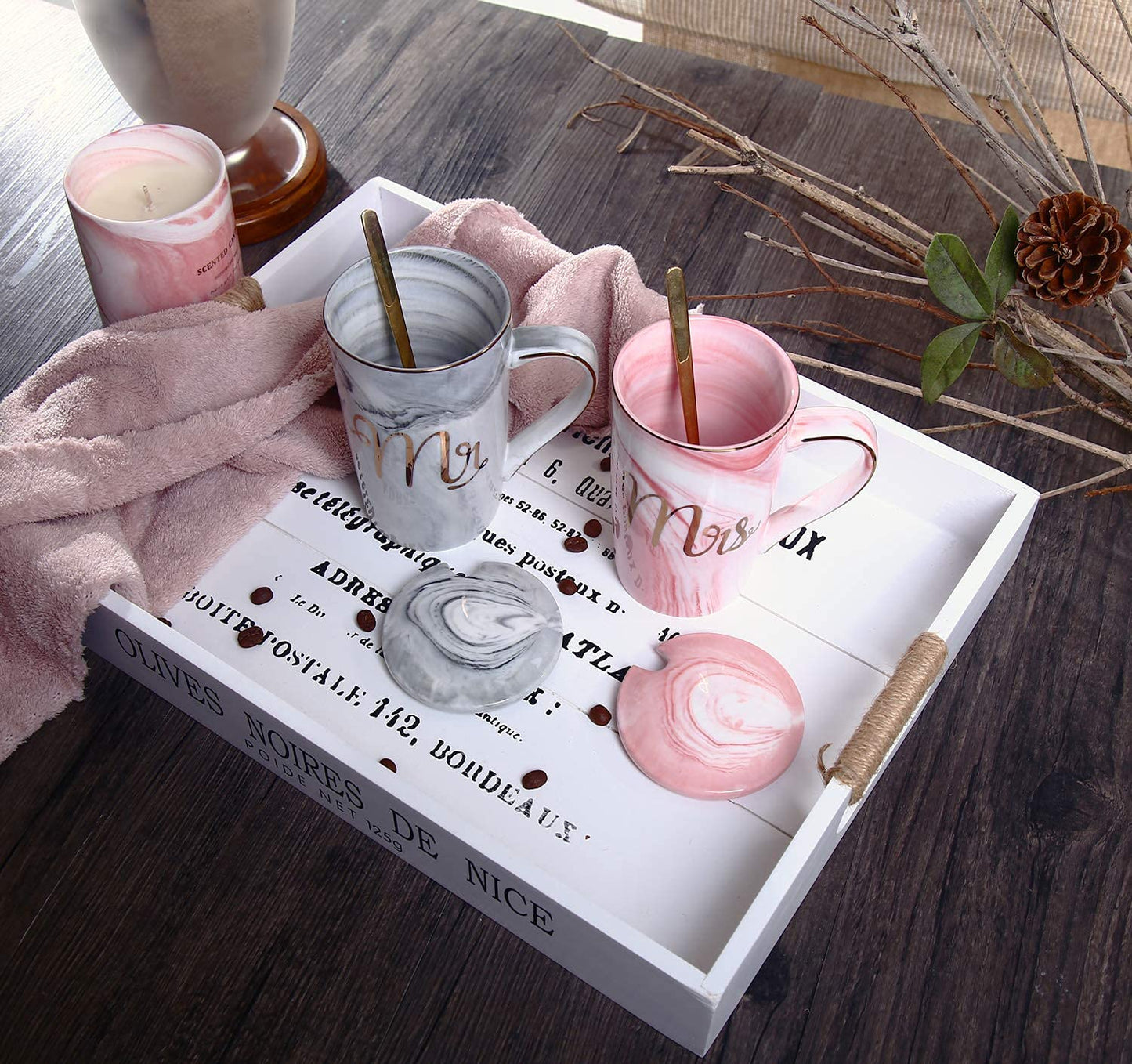 Mr. & Mrs. Ceramic Marble Finish Coffee Mug with Lid & Spoon (380 ml)