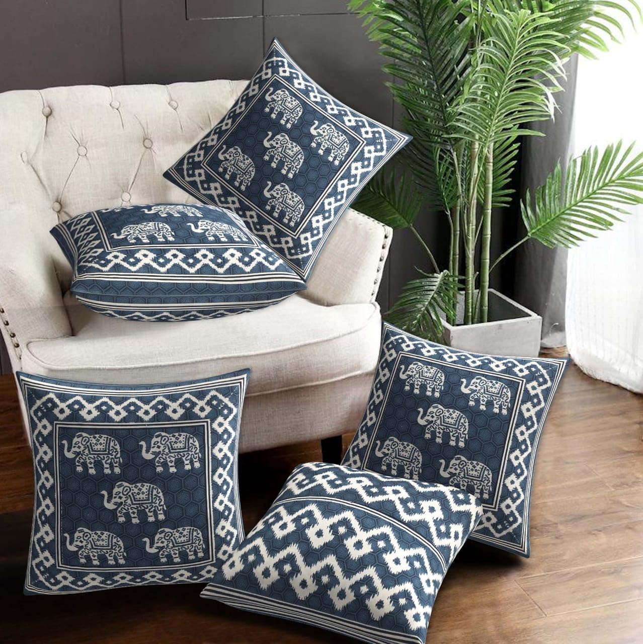 Elephant Motif Cushion Covers – Set of 5 (16x16 Inches)