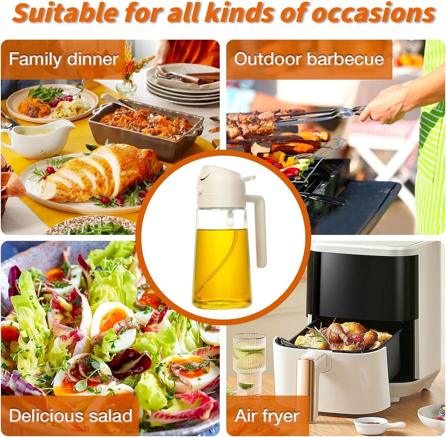 2-in-1 Oil Sprayer & Dispenser - Olive Oil Bottle with Premium Nozzle Food Grade Oil Container for Air Fryer, Salad, BBQ, Roasting – 500ml