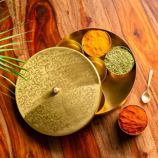 Floral- Metal -Etched Spice Box Set For Kitchen With Spoon Spice Box Set For Kitchen (7 Containers, 40 ML)