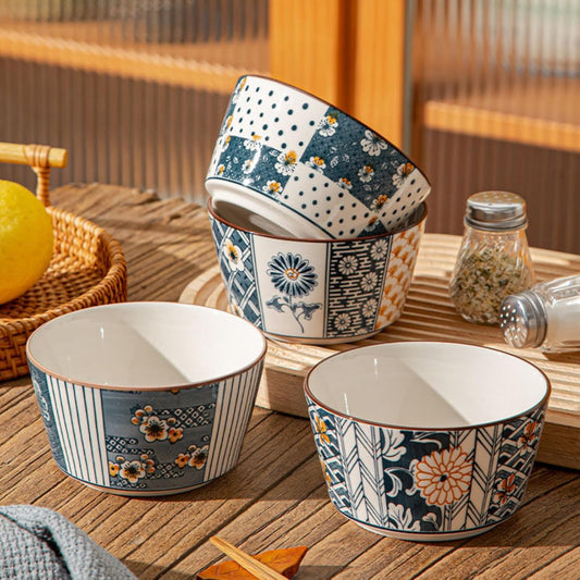 Japanese Style Ceramic Snack Bowls-400ml, Handcrafted Floral & Geometric Patterns (Pack of 4)