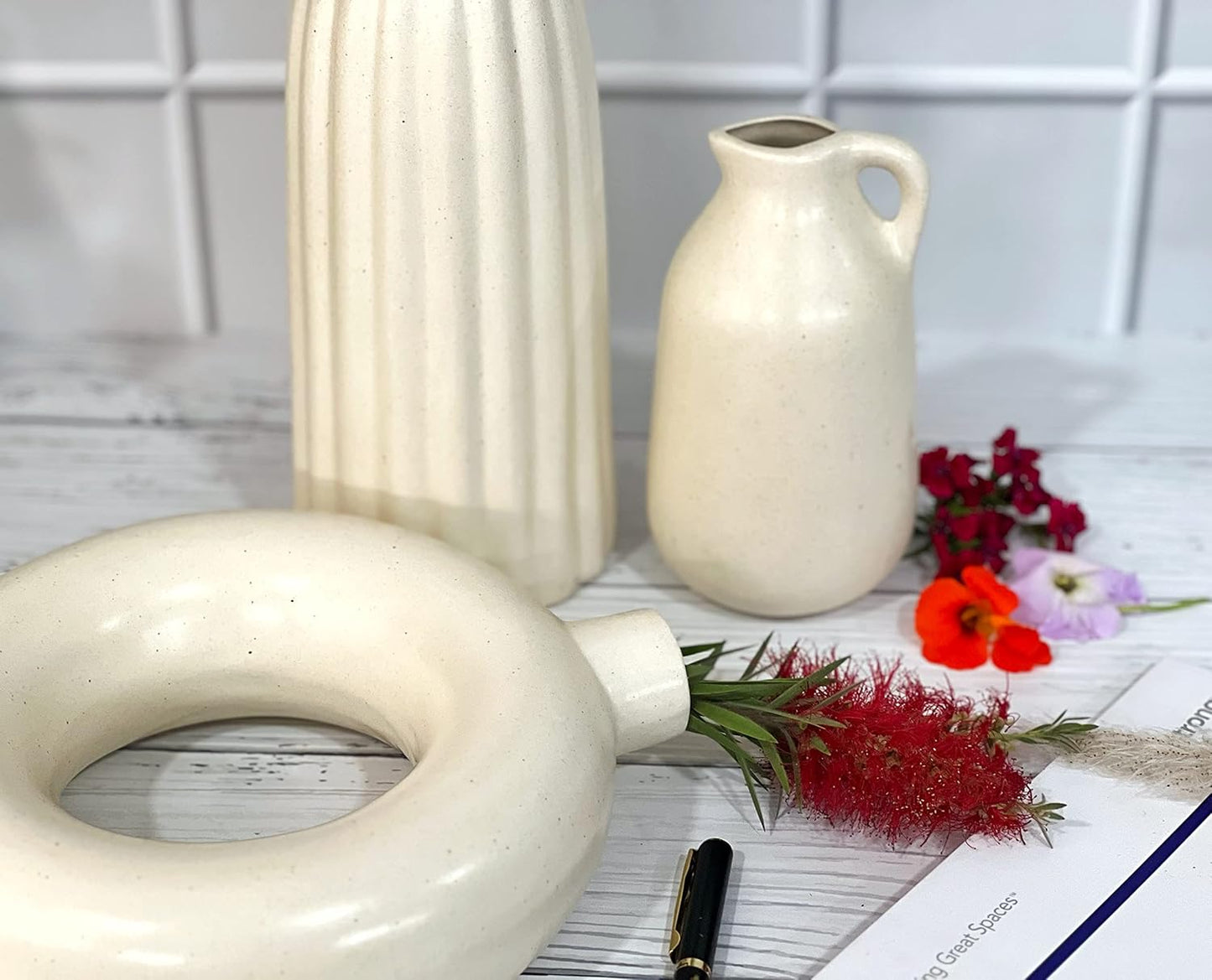 Off-White Ceramic Vase Trio – Modern Minimalist Decor Set (Set of 3)