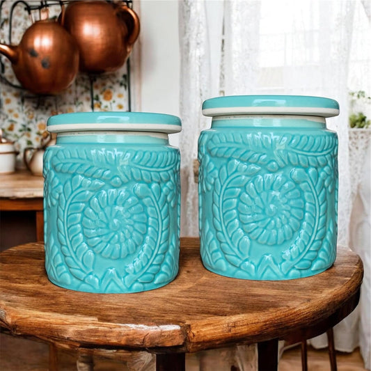 Handcrafted Floral Pattern Premium Clay Ceramic Utility Jars for Kitchen Storage | Set of 2