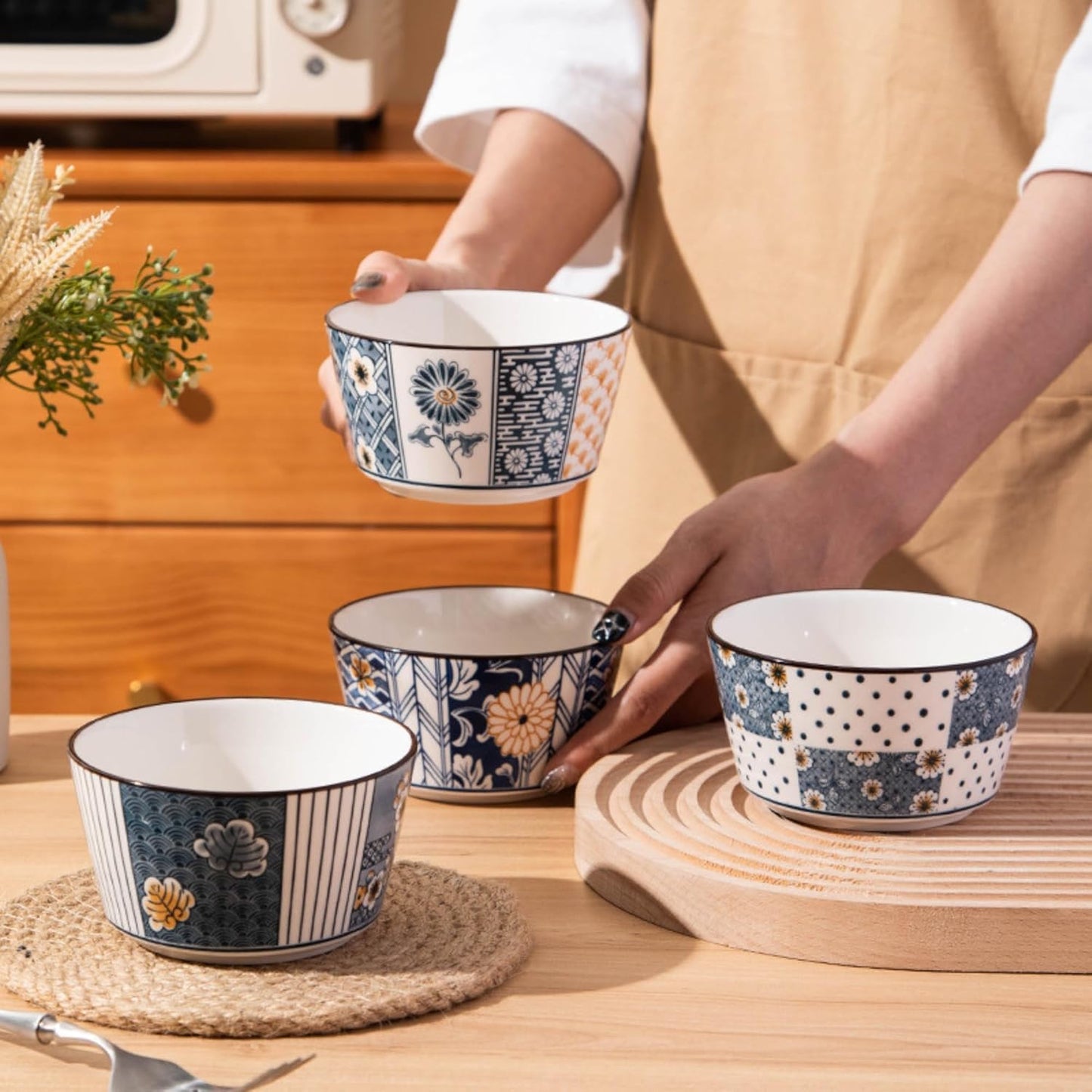 Japanese Style Ceramic Snack Bowls-400ml, Handcrafted Floral & Geometric Patterns (Pack of 4)