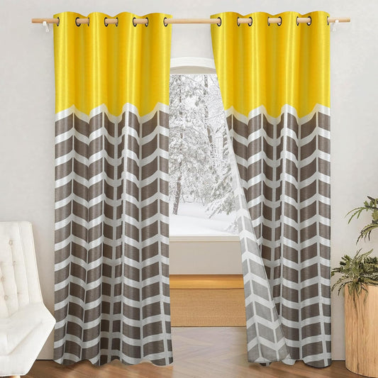 Stylish Yellow Striped Print Semi Blackout Door Curtains Set of 2