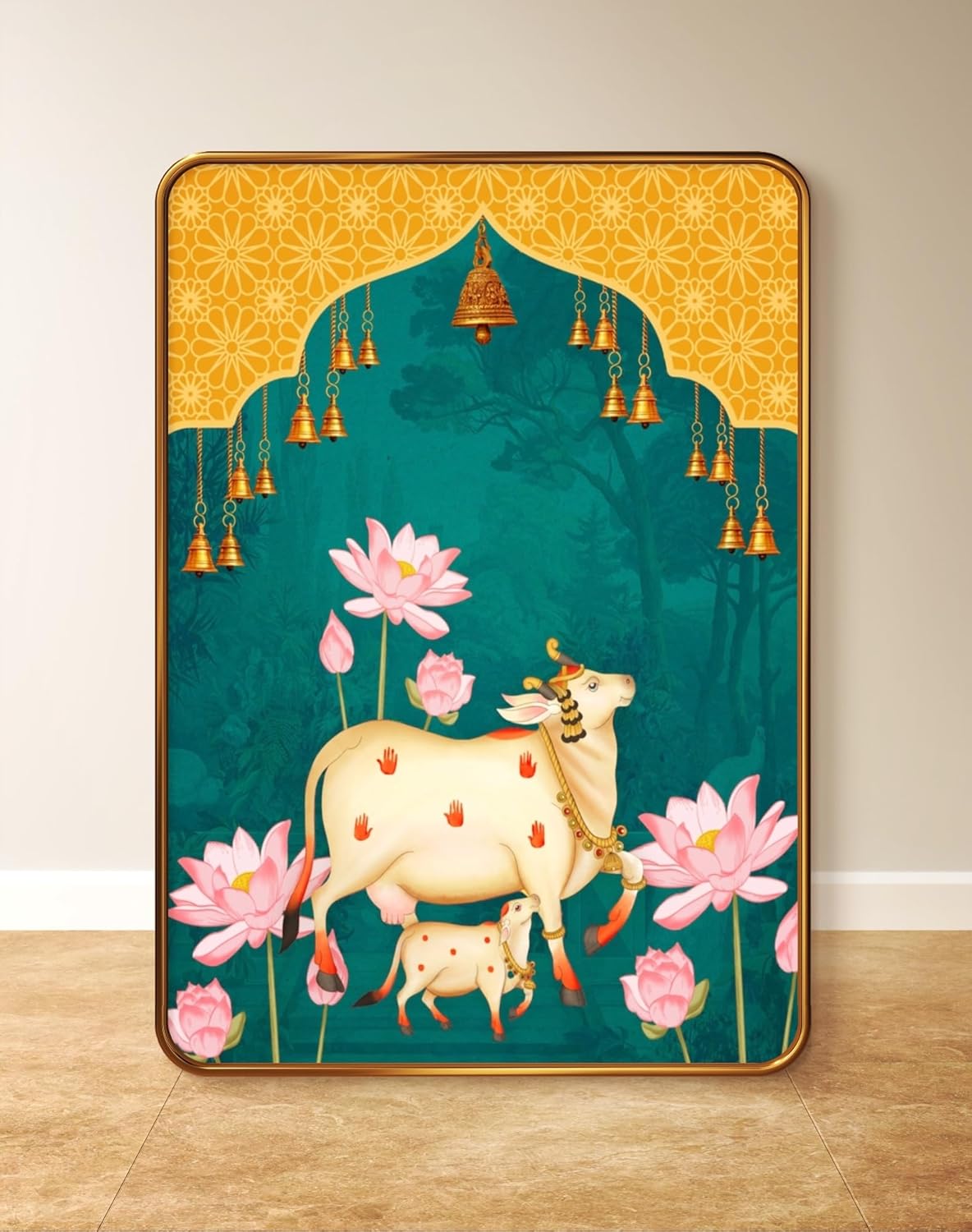 Premium Pichhwai Cow & Lotus Print with Sparkle Lamination – Golden Slim Frame (50 x 34 cm, MG471)