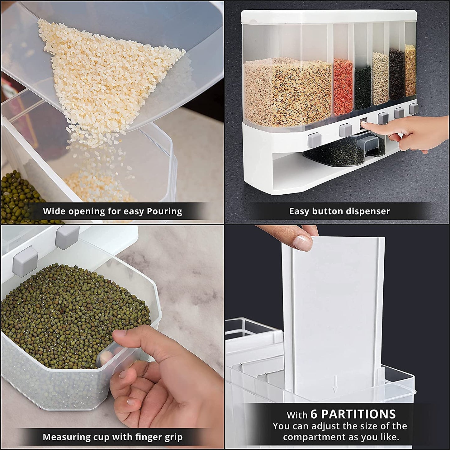 Wall Mounted Cereal Plastic Dispenser - 6 Grid Dry Food Dispenser for Kitchen Storage
