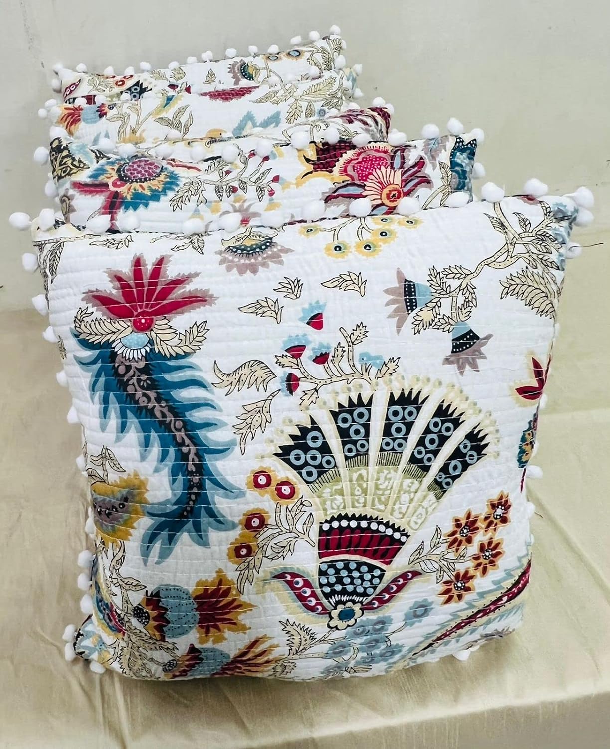 Kantha Work Cotton Cushion Covers – Set of 5, 16x16 Inch