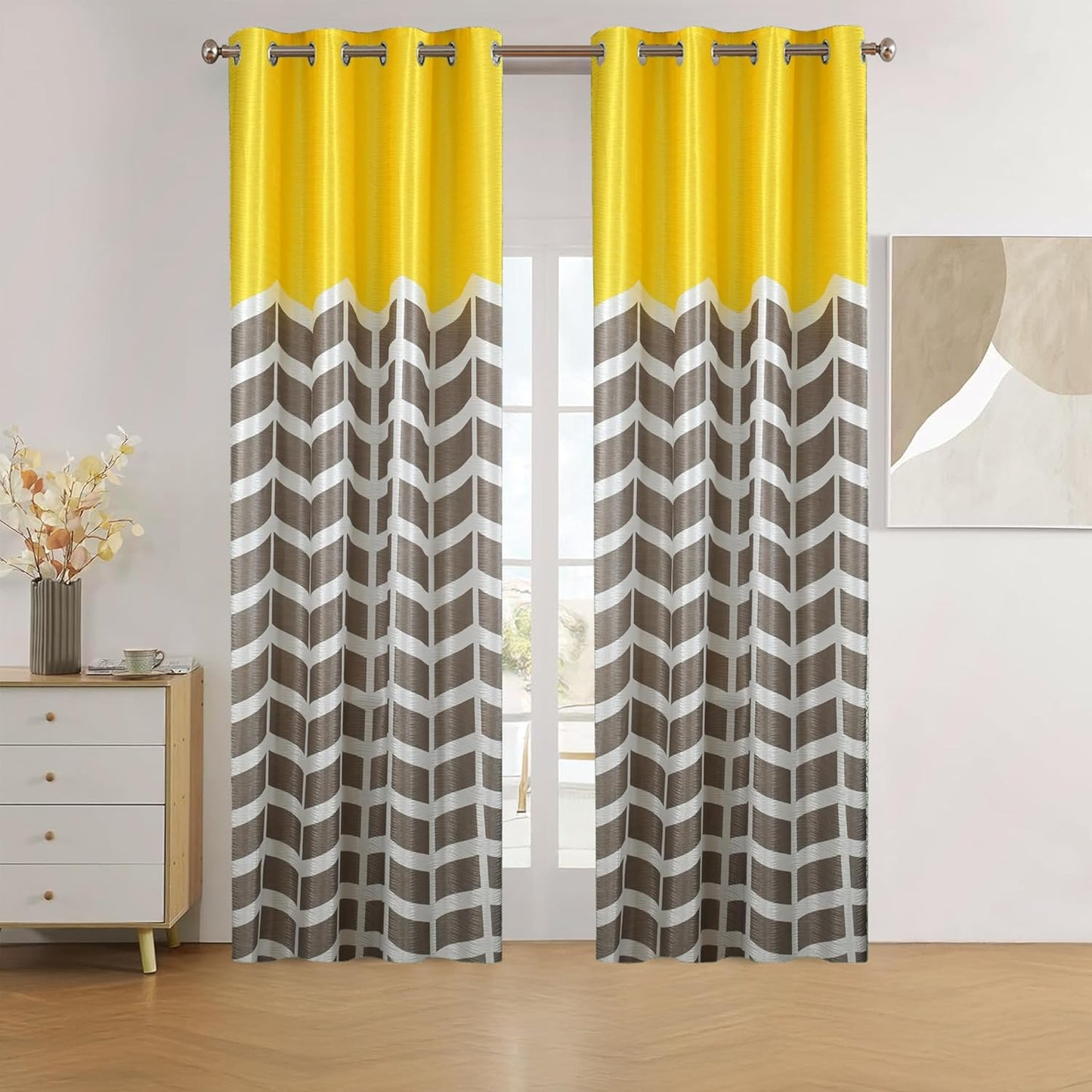 Stylish Yellow Striped Print Semi Blackout Door Curtains Set of 2