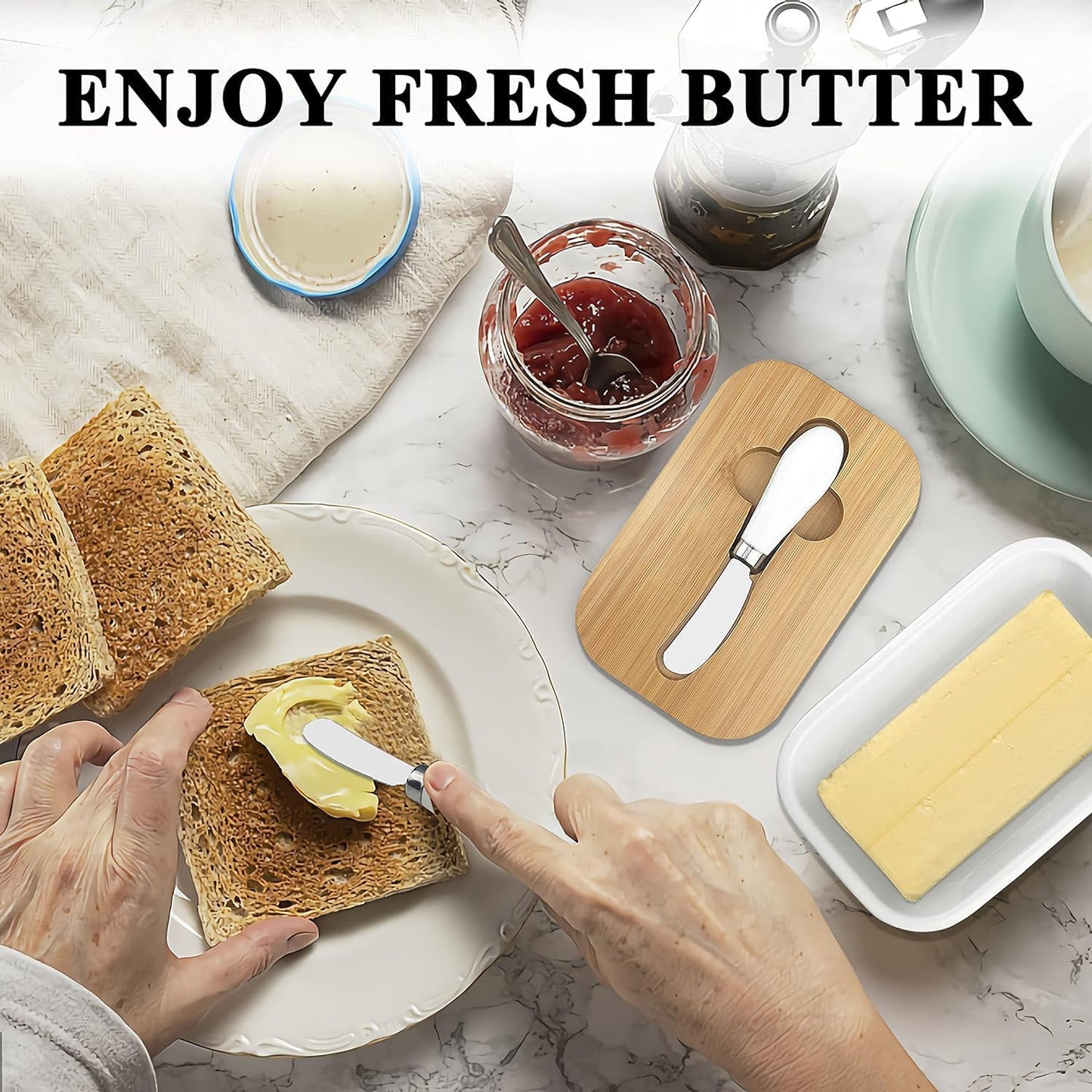 Ceramic Butter Dish with Wooden Lid with Steal Butter Knife, Bamboo Cover and Silicone Sealing Ring (White)