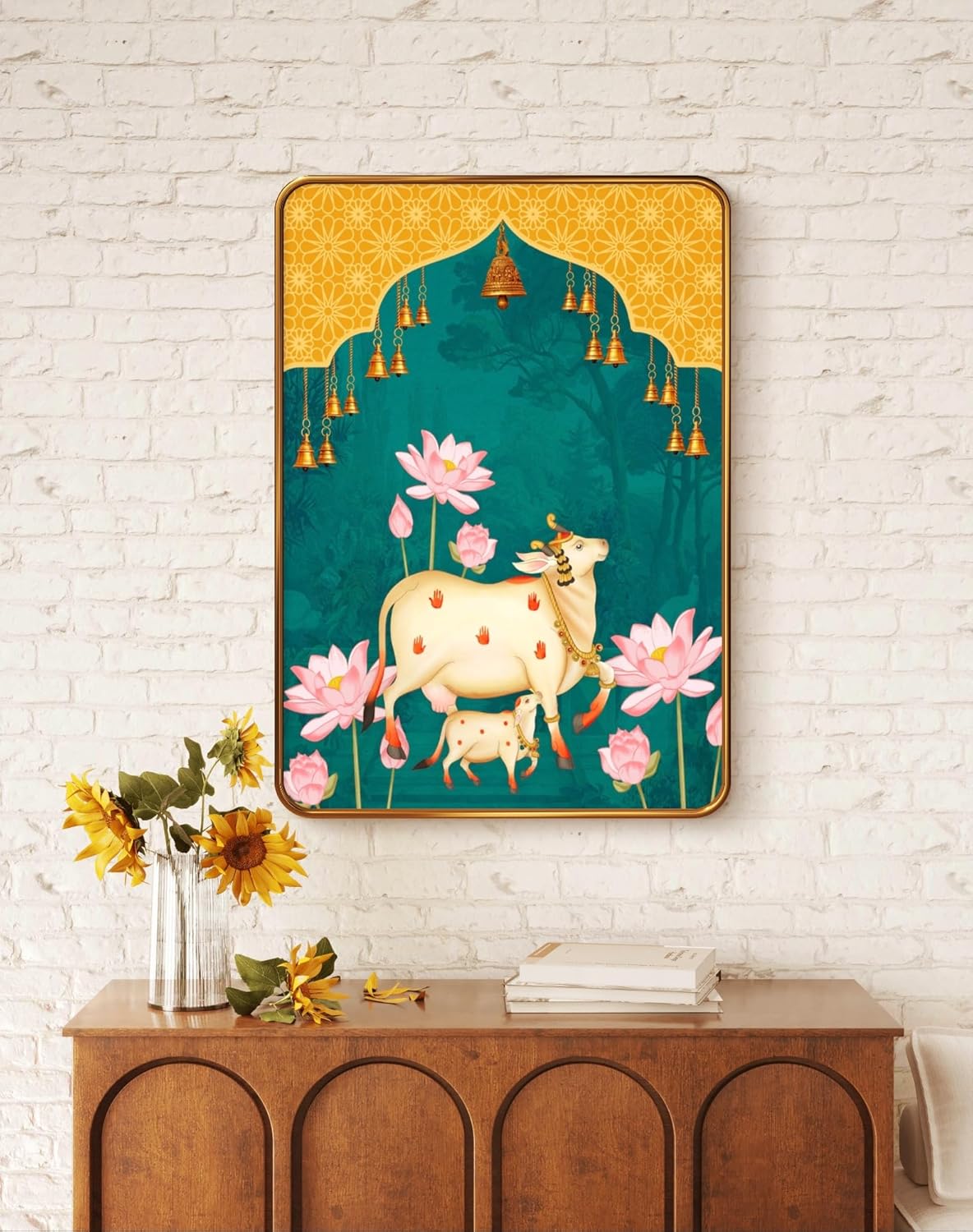 Premium Pichhwai Cow & Lotus Print with Sparkle Lamination – Golden Slim Frame (50 x 34 cm, MG471)