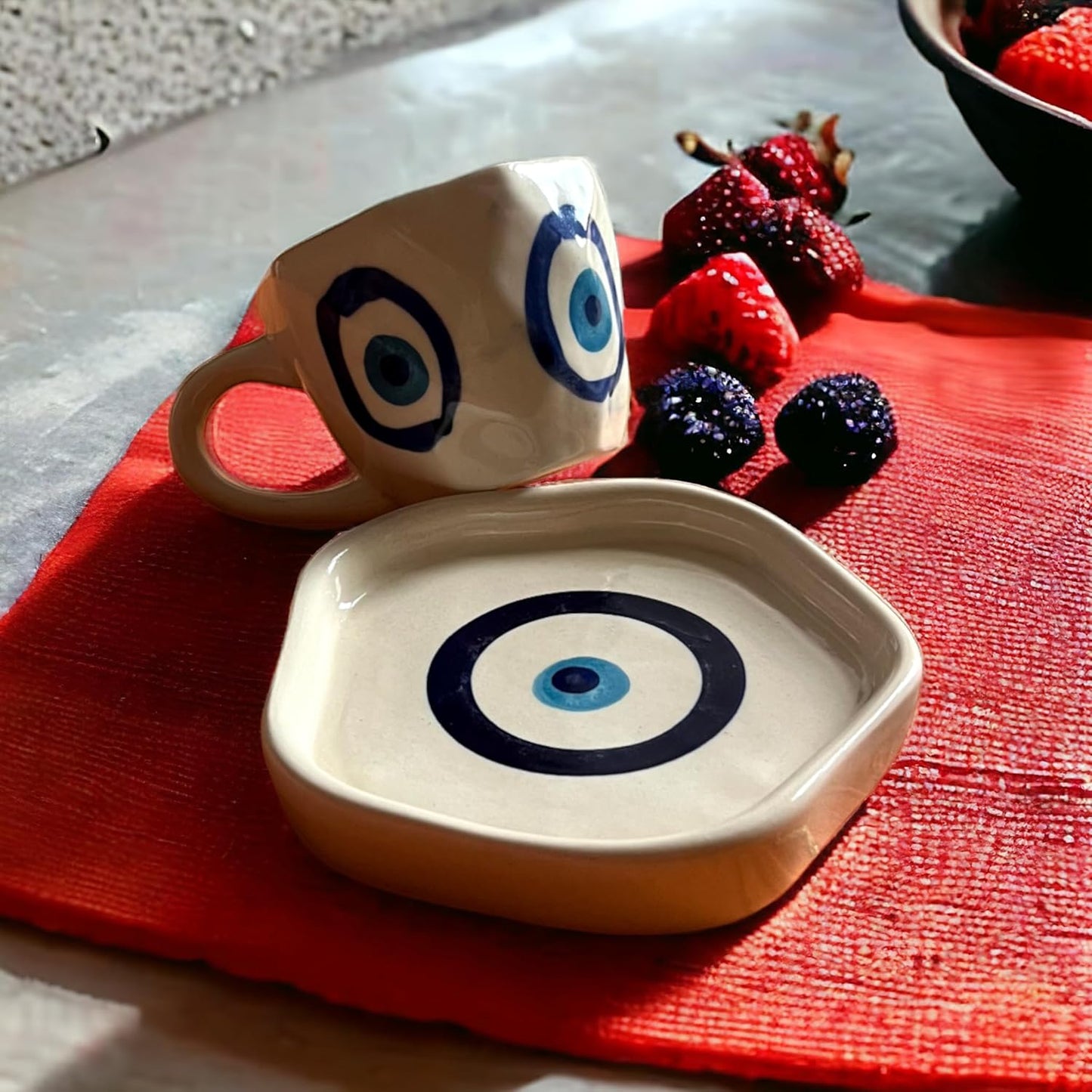 Handcrafted Ceramic Nazarbattu (Evil Eye) Cup & Saucer Set (300 ml)