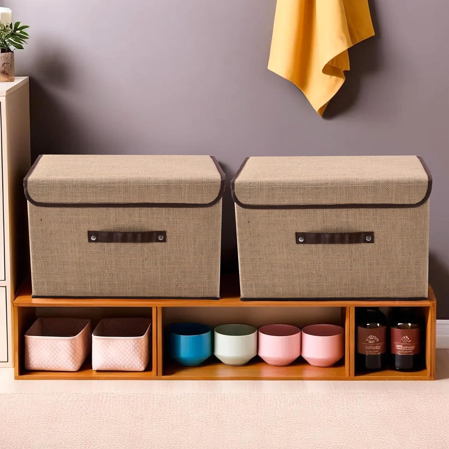 Jute Foldable Organizers for Clothes | Closet Organizer for Toys | Books | Blankets | Space Saver Utility - Pack of 2 (Large)
