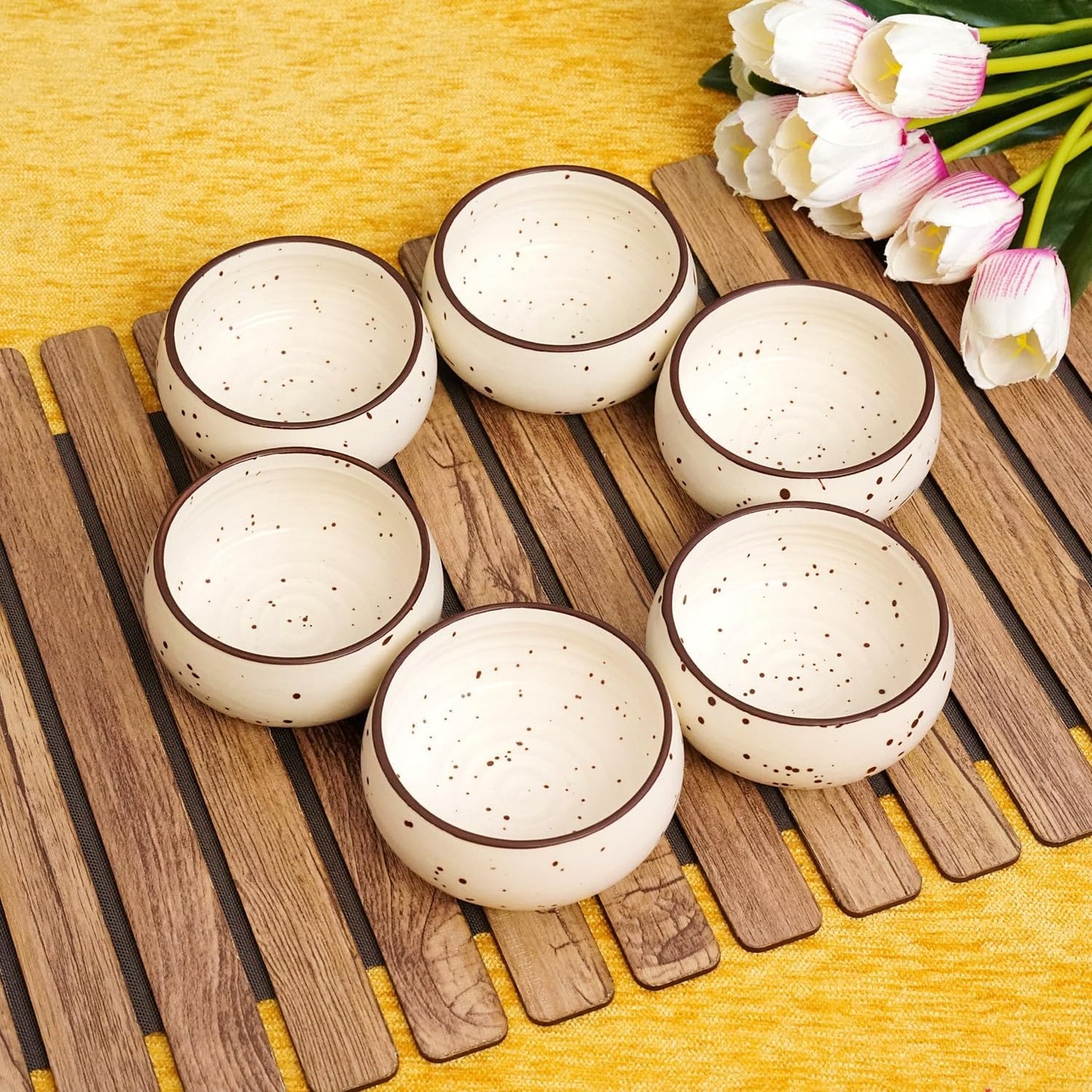 Hand-Painted Cream Stone Ceramic  Bowls (150ml) Pack of 6
