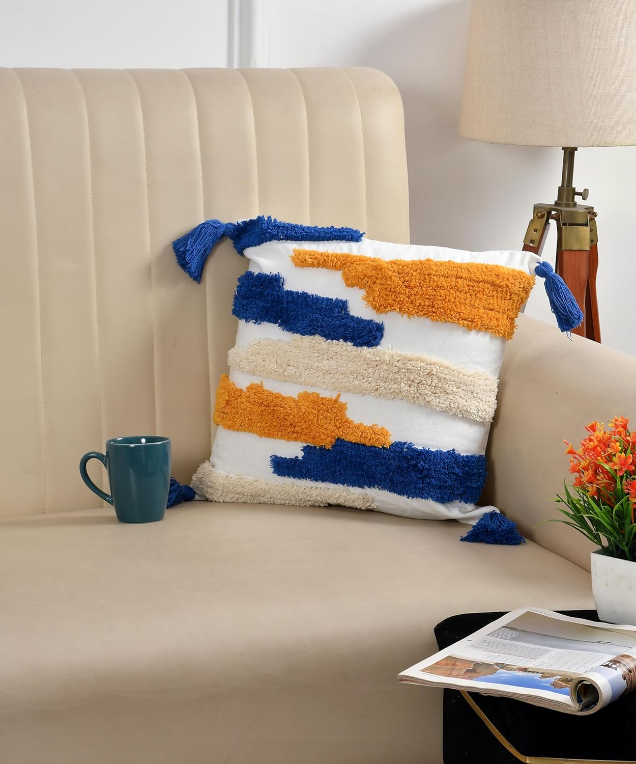Handcrafted Multi-Colored Cushion Covers with Blue Tassels (Set of 2)