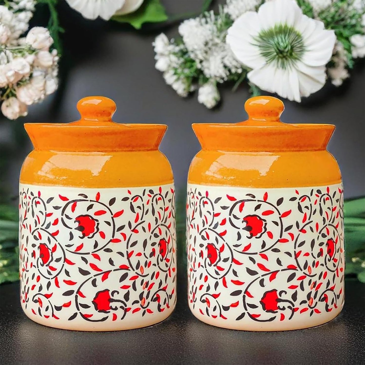 Ceramic handmade Pickle Jars in 1000ml | Hand painted Floral Pattern 1 kg Achaar Martban | Ceramic Container Set for Kitchen Storage (Pack of 2)
