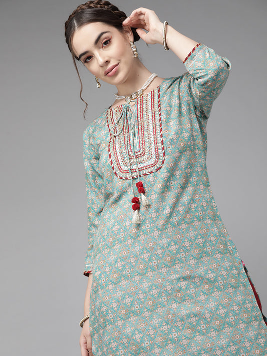 Rani Raiment Varanga Teal Blue Ethnic Motif Yoke Embroidered Print Kurta