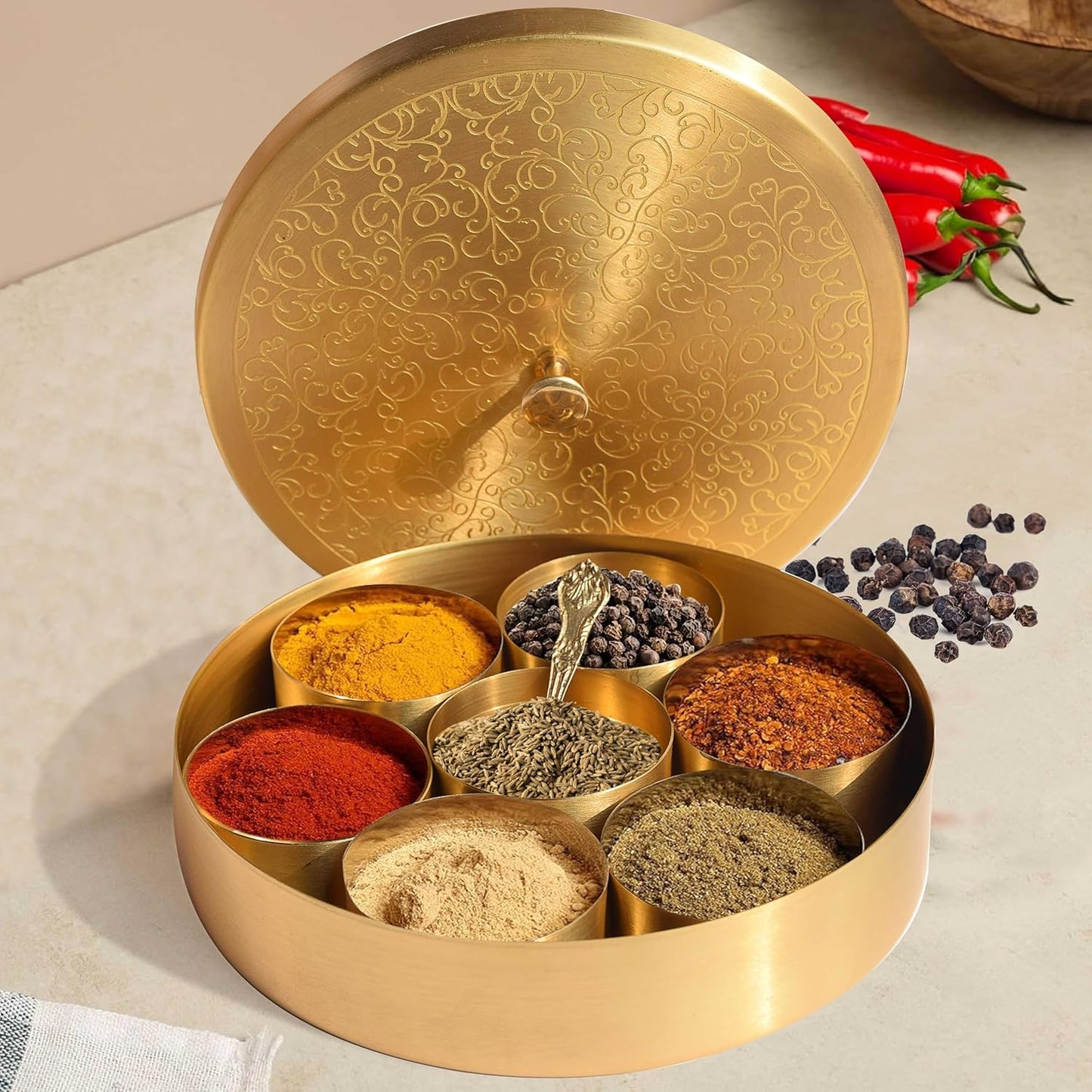 Floral- Metal -Etched Spice Box Set For Kitchen With Spoon Spice Box Set For Kitchen (7 Containers, 40 ML)