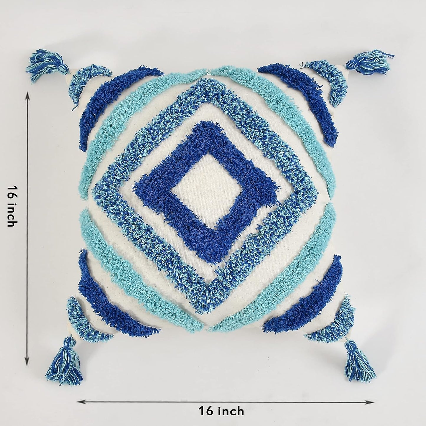 Blue Diamond Tufted Embroidered Cushion Cover 16x16 Inches (Pack of 2)