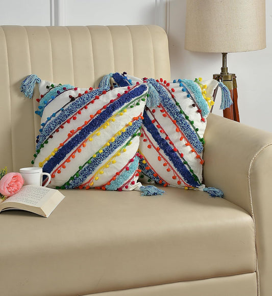 Multicolor Striped Handmade Cotton Tassel Cushion Cover – 16x16 Inch (Set of 2)